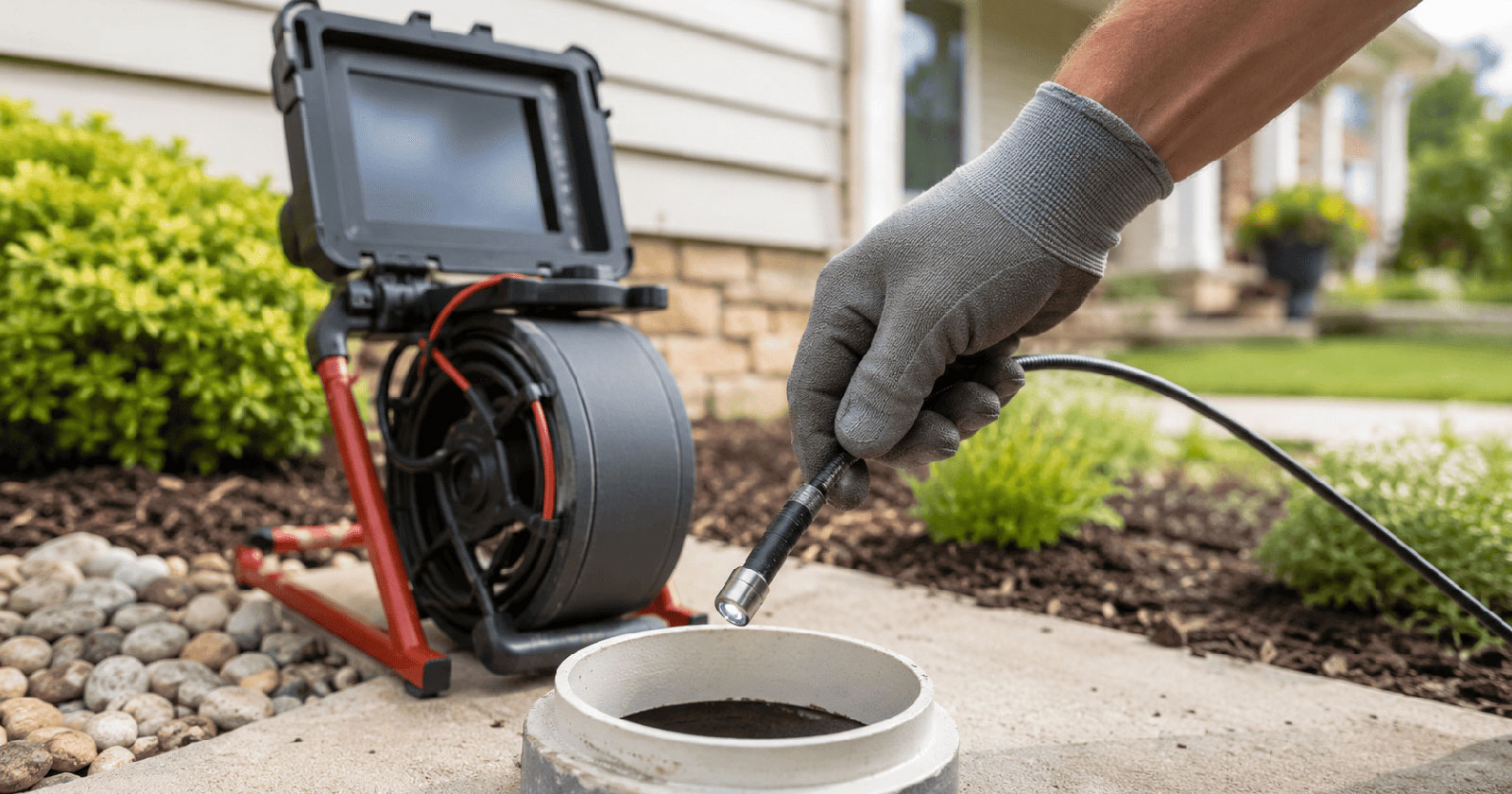 Plumber feeding a sewer camera into an open clean-out outside a home